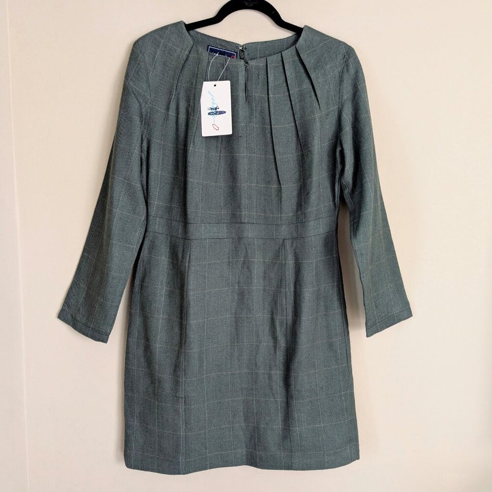 NWT Johnnie-O Retro Plaid Silk Wool Blend Pintuck Sheath Dress Size L